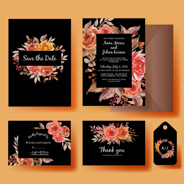 Acuarela Floral Rojo Naranja Amarillo Marco Boda Invitación Conjunto Plantilla — Vector de stock