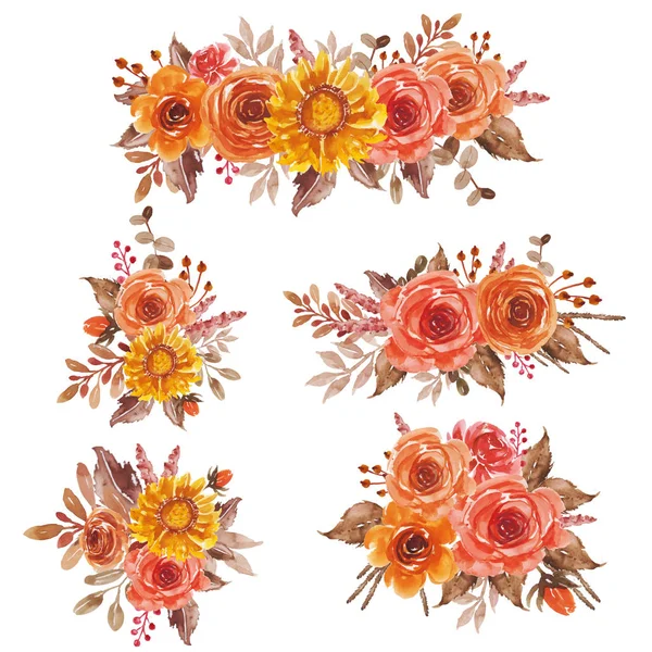 Aquarelle Floral Rouge Orange Jaune Bouquet Arrangement Pour Invitation Mariage — Image vectorielle
