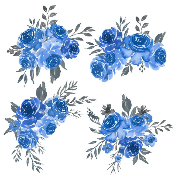 Aquarel Set Van Bloemen Blauw Frame Arrangement — Stockvector