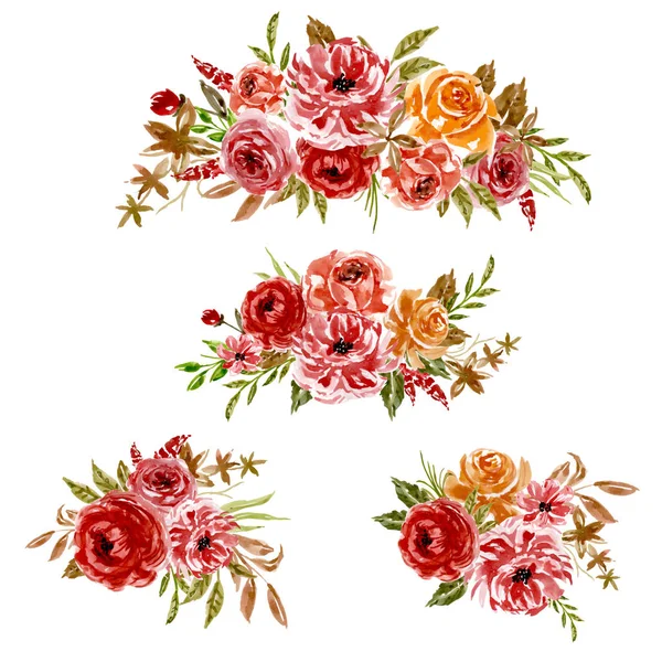 Ensemble Aquarelle Cadre Orange Rouge Floral Arrangement — Image vectorielle