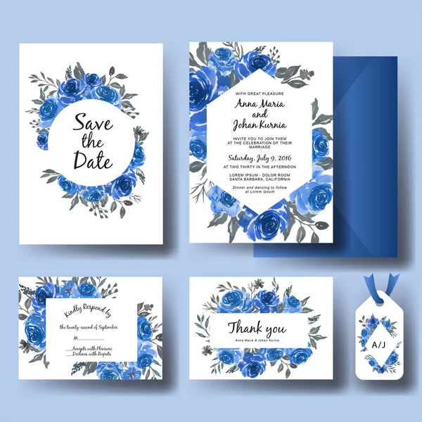 Conjunto Invitación Boda Acuarela Dulce Plantilla Azul Floral — Vector de stock