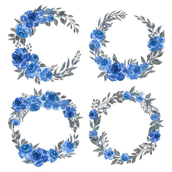 Aquarel Set Van Bloemen Blauwe Krans Frame Arrangement — Stockvector