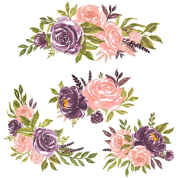 Conjunto Flores Acuarela Ilustración Floral Pintada Mano Ramo Flores Rosa — Vector de stock