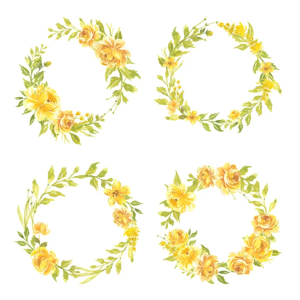 Set Fiori Acquerello Dipinti Mano Corona Floreale Illustrazione Bouquet Fiori — Vettoriale Stock