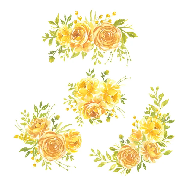 Lot Fleurs Aquarelle Illustration Florale Peinte Main Bouquet Fleurs Rose — Image vectorielle