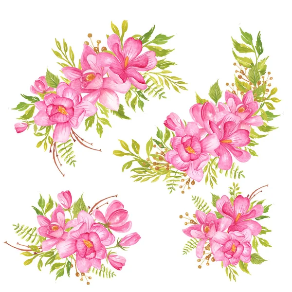 Sada Akvarel Květiny Magnolia Růžová Kytice Složení Růžové Magnolie Ručně — Stockový vektor