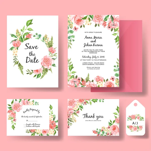 Bonito rosa aquarela moldura casamento convite cartão modelo — Vetor de Stock