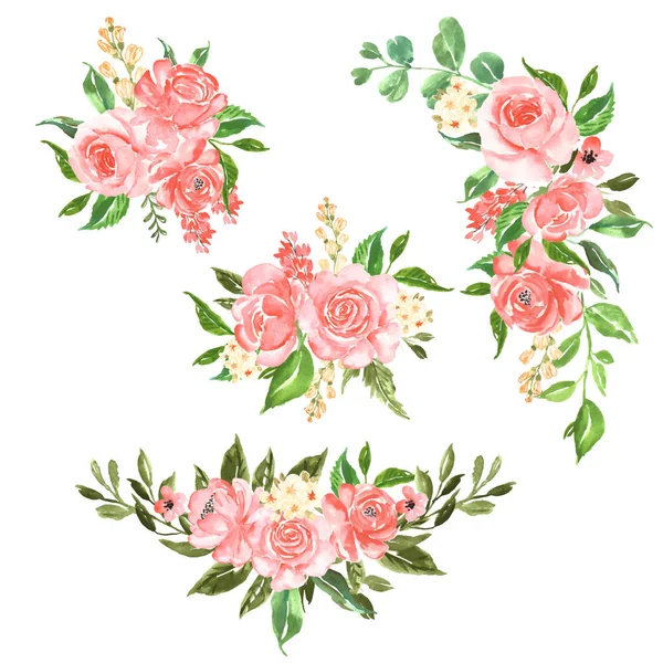Ensemble de Belle rose rose aquarelle arrangement de fleurs — Image vectorielle