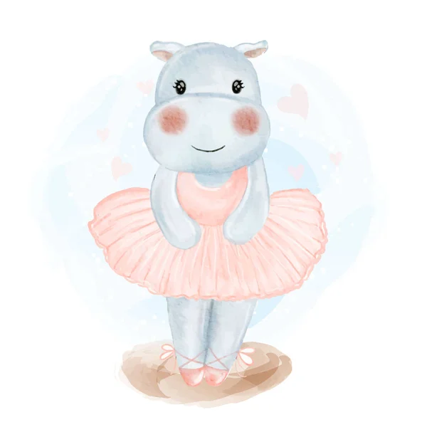 Bonito bebê hipopótamo bailarina aquarela ilustração —  Vetores de Stock