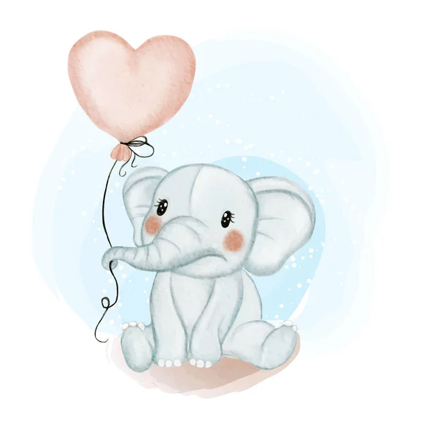 Bonito bebê elefante segurando balão amor aquarela ilustração —  Vetores de Stock