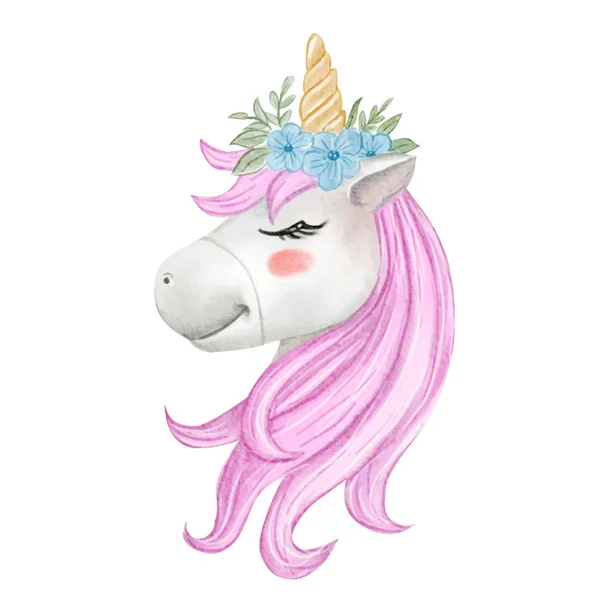 Lindo bebé unicornio con flor corona acuarela ilustración — Vector de stock