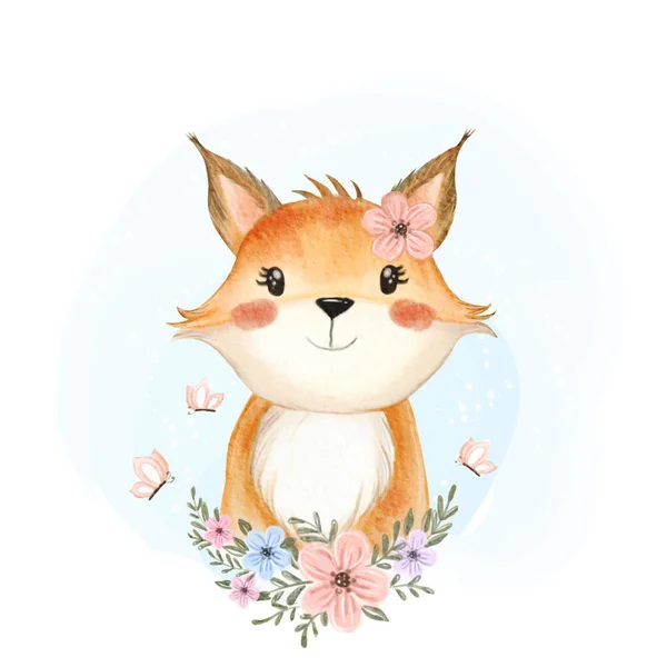 Aranyos baba róka virág és pillangó akvarell illusztráció — Stock Vector