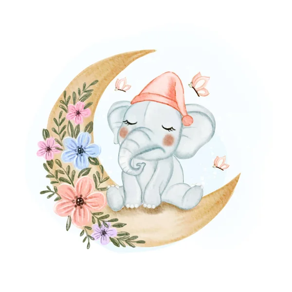 可爱的小象昏昏欲睡的月花水彩画 — 图库矢量图片