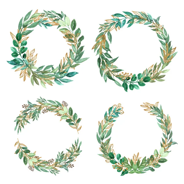 Beautiful greenery and gold watercolor set of leaf wreath — Stock Vector