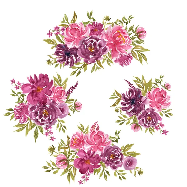Ensemble de fleurs aquarelle branche lâche avec des fleurs violettes et roses — Image vectorielle