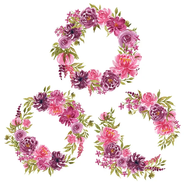 Jeu de couronne de fleurs aquarelle avec des fleurs violettes et roses — Image vectorielle