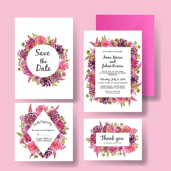 Conjunto de marco de flores de acuarela con flores púrpura y rosa plantilla de invitación de boda — Archivo Imágenes Vectoriales