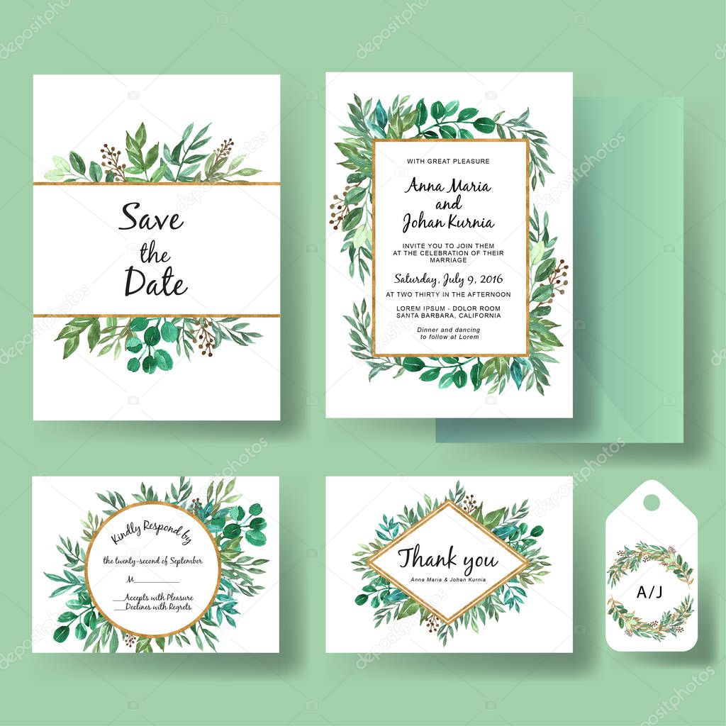 set of wedding invitation greenery and gold leaf