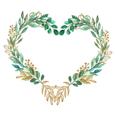 kalp sembolü yeşillik yaprakları ve altın suluboya