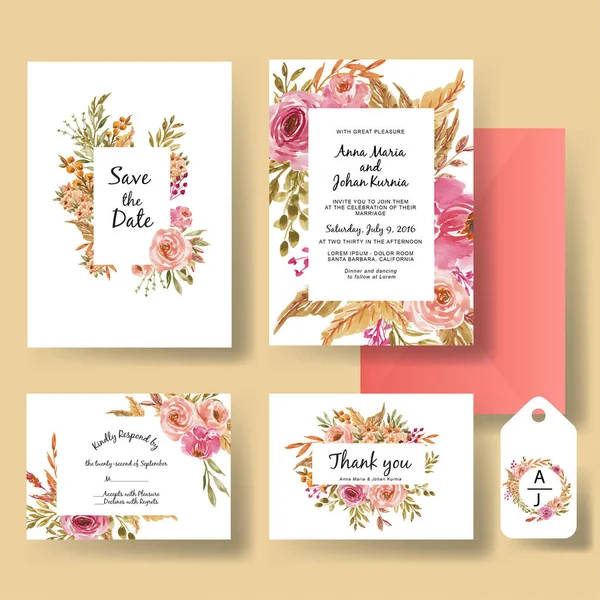 Invitación de boda romántico dulce conjunto de acuarela flor rosa y melocotón — Vector de stock