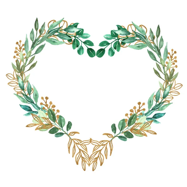 Herzsymbol aus grünen Blättern und goldenem Aquarell — Stockvektor