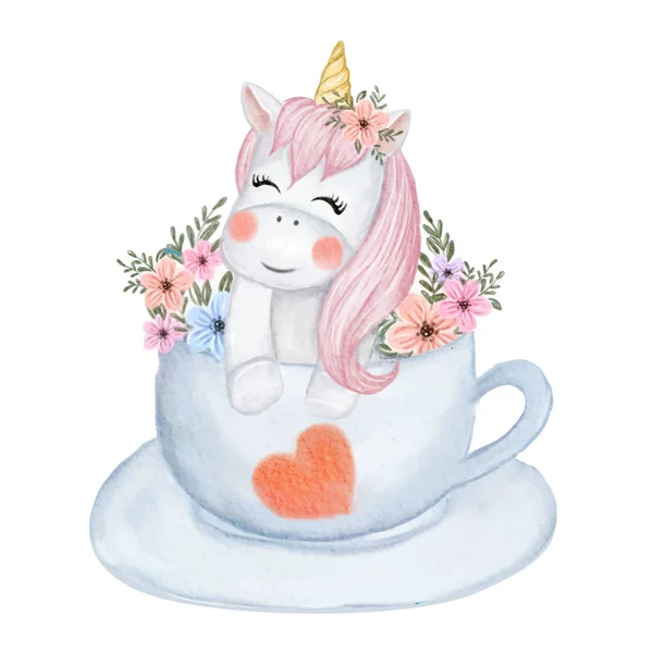 Lindo bebé unicornios con flores en una ilustración de acuarela taza — Archivo Imágenes Vectoriales