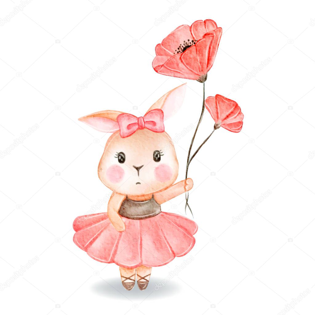 cute bunny girl holding a red poppy illustration watercolor