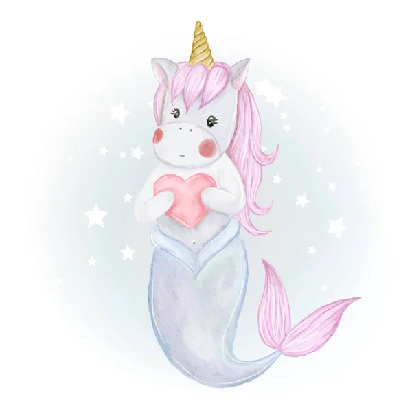 Cute unicorn mermaid illustration of watercolor — Stock Vector