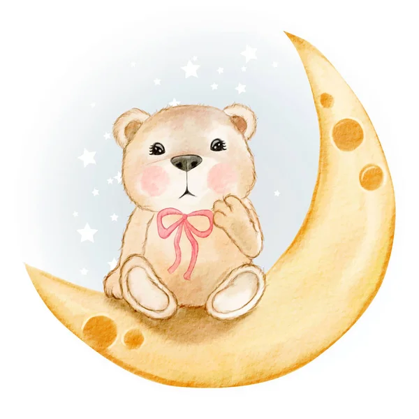 Lindo oso sentado en una luna acuarela ilustración — Archivo Imágenes Vectoriales