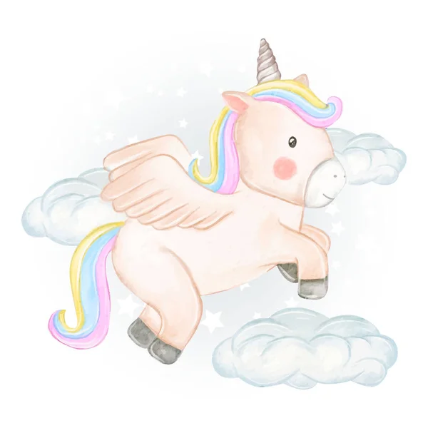 Unicornios sobrevuelan nubes en ilustraciones de acuarela — Vector de stock
