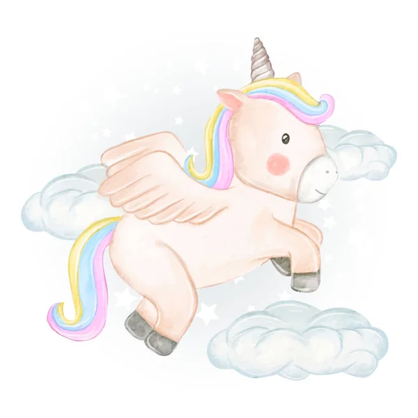 Unicornios sobrevuelan nubes en ilustraciones de acuarela — Archivo Imágenes Vectoriales