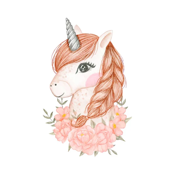 Hermosos unicornios con una flor de ramo ilustración acuarela — Archivo Imágenes Vectoriales