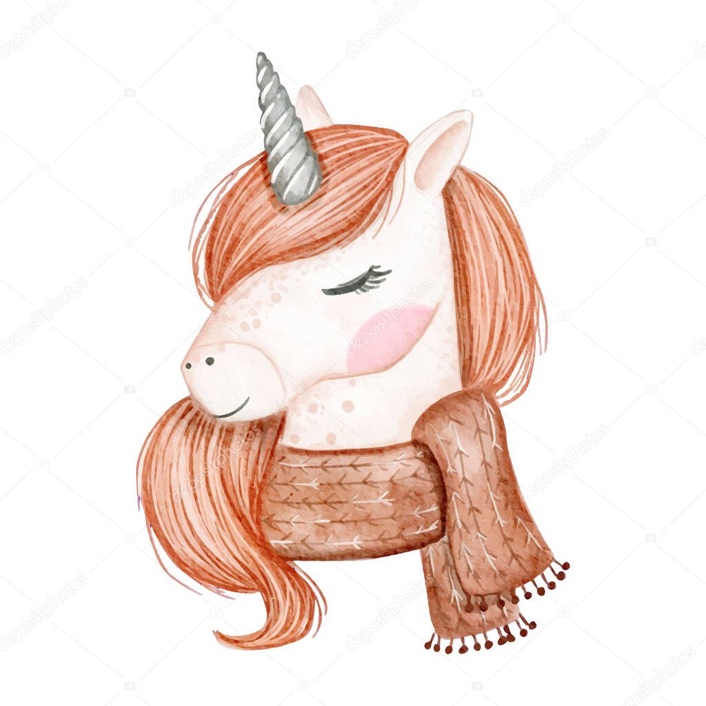 Beautiful unicorn with scarf watercolor illustration