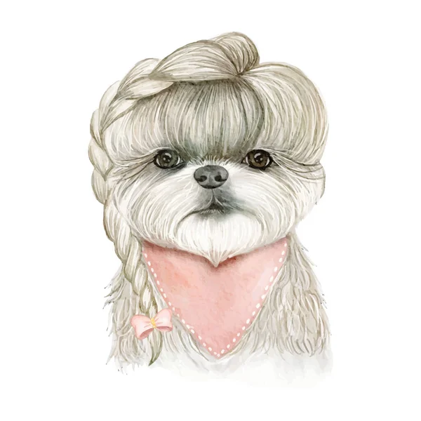 Entzückende niedliche Hund mit Haaren auf Zöpfen Band Aquarell Illustration — Stockvektor