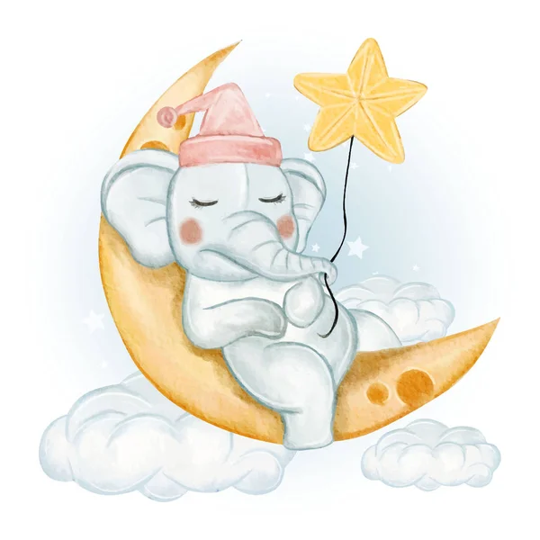 可爱的大象和星星睡在月亮上 — 图库矢量图片