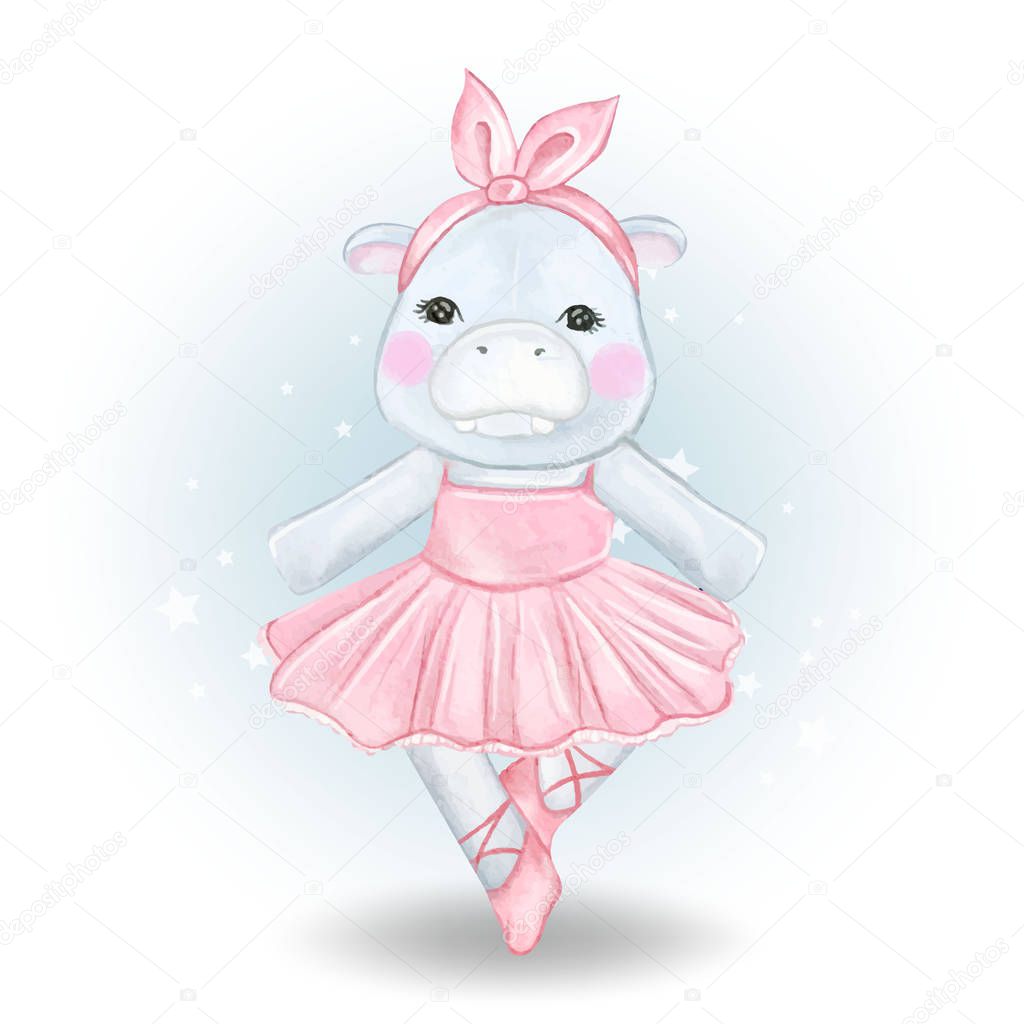 Cute hippo ballerina watercolor illustration