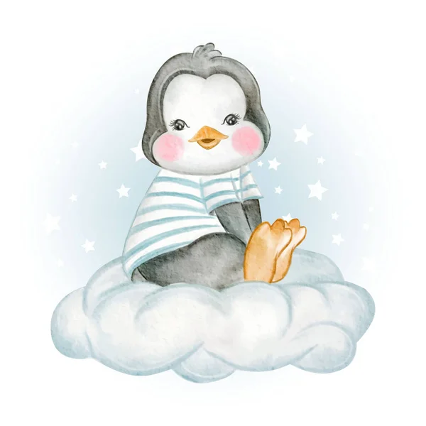 Baba Pingvin Felhők Felett Akvarell Illusztráció — Stock Vector