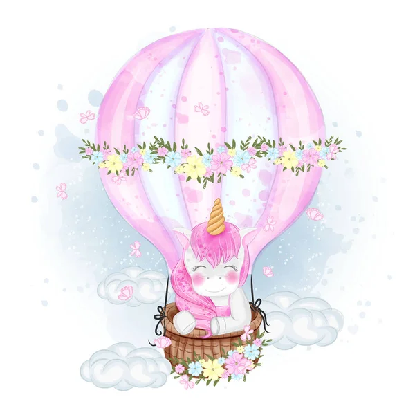 Cute Unicorn Air Balloon Illustration — Stock Vector