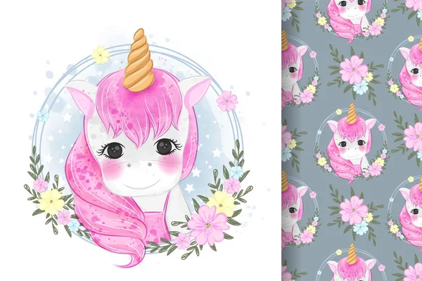 Gambar Unicorn Lucu Dengan Ilustrasi Bunga Dan Pola Mulus - Stok Vektor