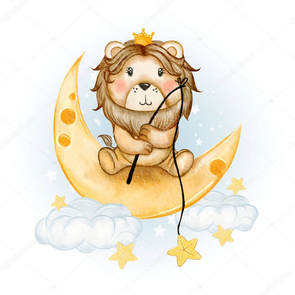 cute lion king fishing star watercolor illustration nursery