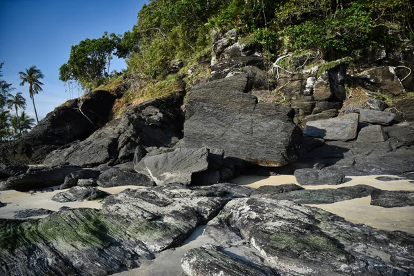 Hillside with black rocks and green trees, plants on the shores of the sandy beautiful exotic and stunning Cenang beach in Langkawi island