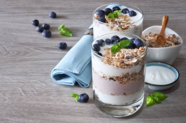 Sağlıklı kahvaltı - müsli, yabanmersini ve nane şekerli yoğurt - açık ahşap masada servis edilir.