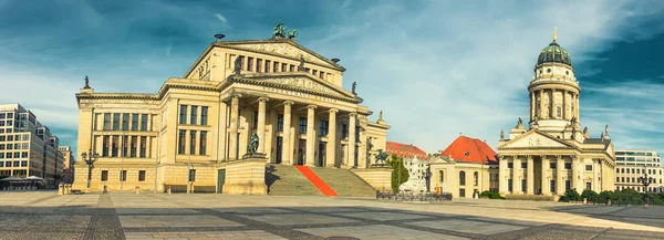 Gendarmenmarkt in Berlin with Concert Hall and French Church. Panorama with focus on Concert Hall. This image is toned.