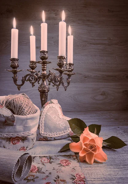 Still Life Yellow Rose Stuffed Heart Vintage Candlestick Image Toned — Stock Photo, Image