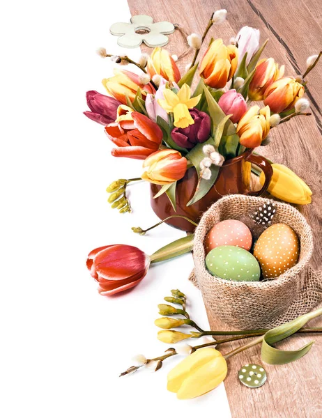 Kleurrijke Paasrand Met Bos Tulpen Paaseieren Hout Witte Achtergrond Diepe — Stockfoto