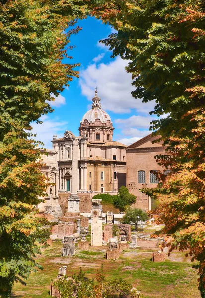 Ruins Roman Forum Church Santa Maria Loreto Rome Italy Bright — Stock Photo, Image