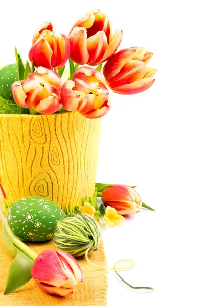 Pasen Grens Met Tulpen Paaseieren Geïsoleerd Wit Onderschrift Happy Easter — Stockfoto