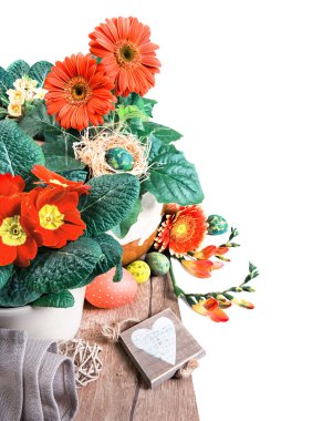 Turuncu herberalı Paskalya sınırı, frezyalar ve bahar süslemeleri, başlık 