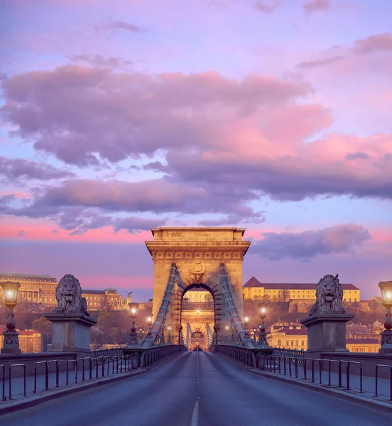 Budapest Castle and famous Chain Bridge in Budapest on a sunrise. Focus on the bridge.