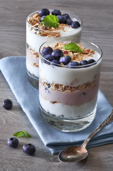 Yoghurt Med Müsli Och Blåbär Med Mynta Hälsosam Efterrätt Neutralt — Stockfoto
